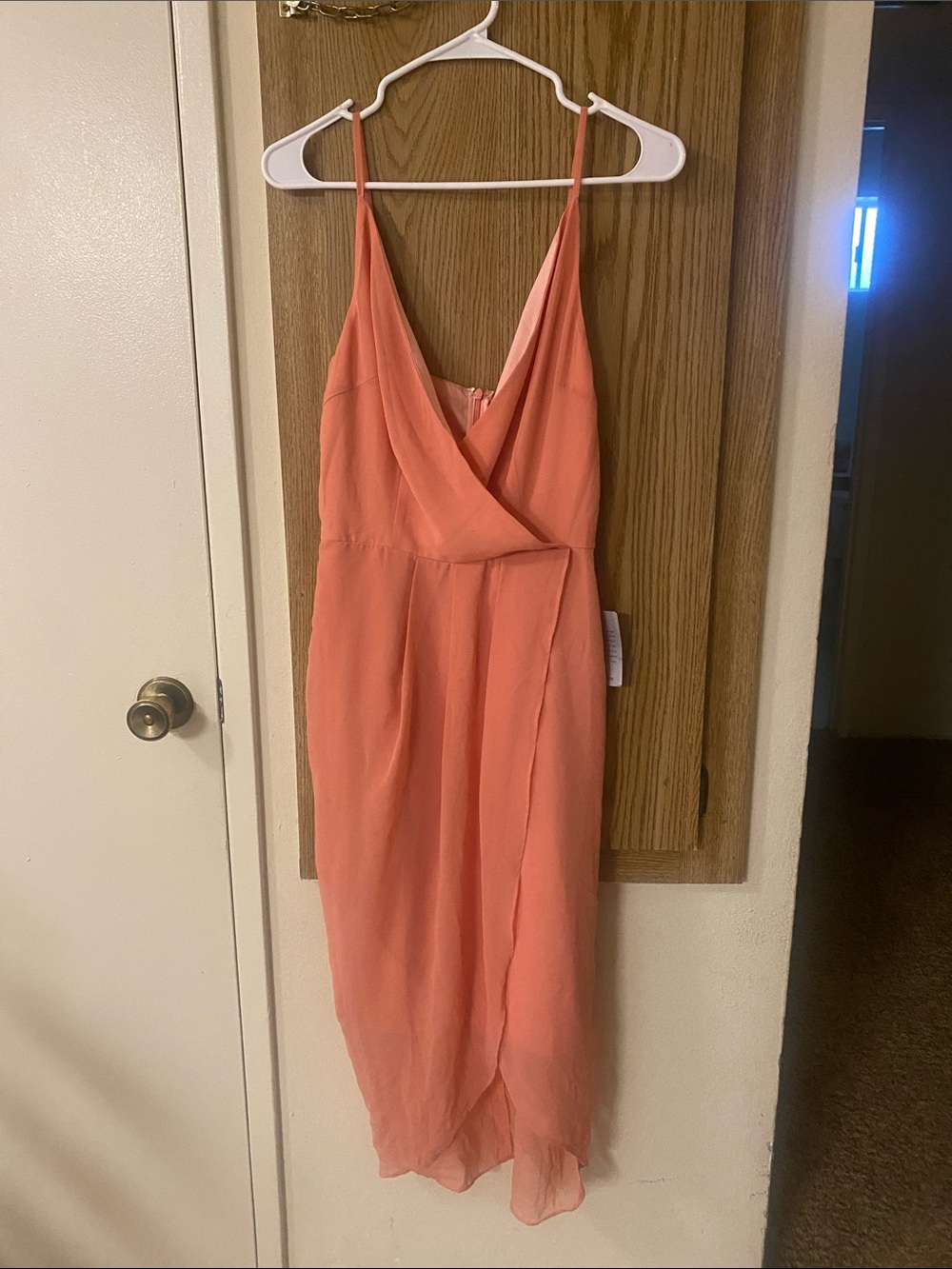 Coral V-Neck Midi Wrap Dress with Spaghetti Straps